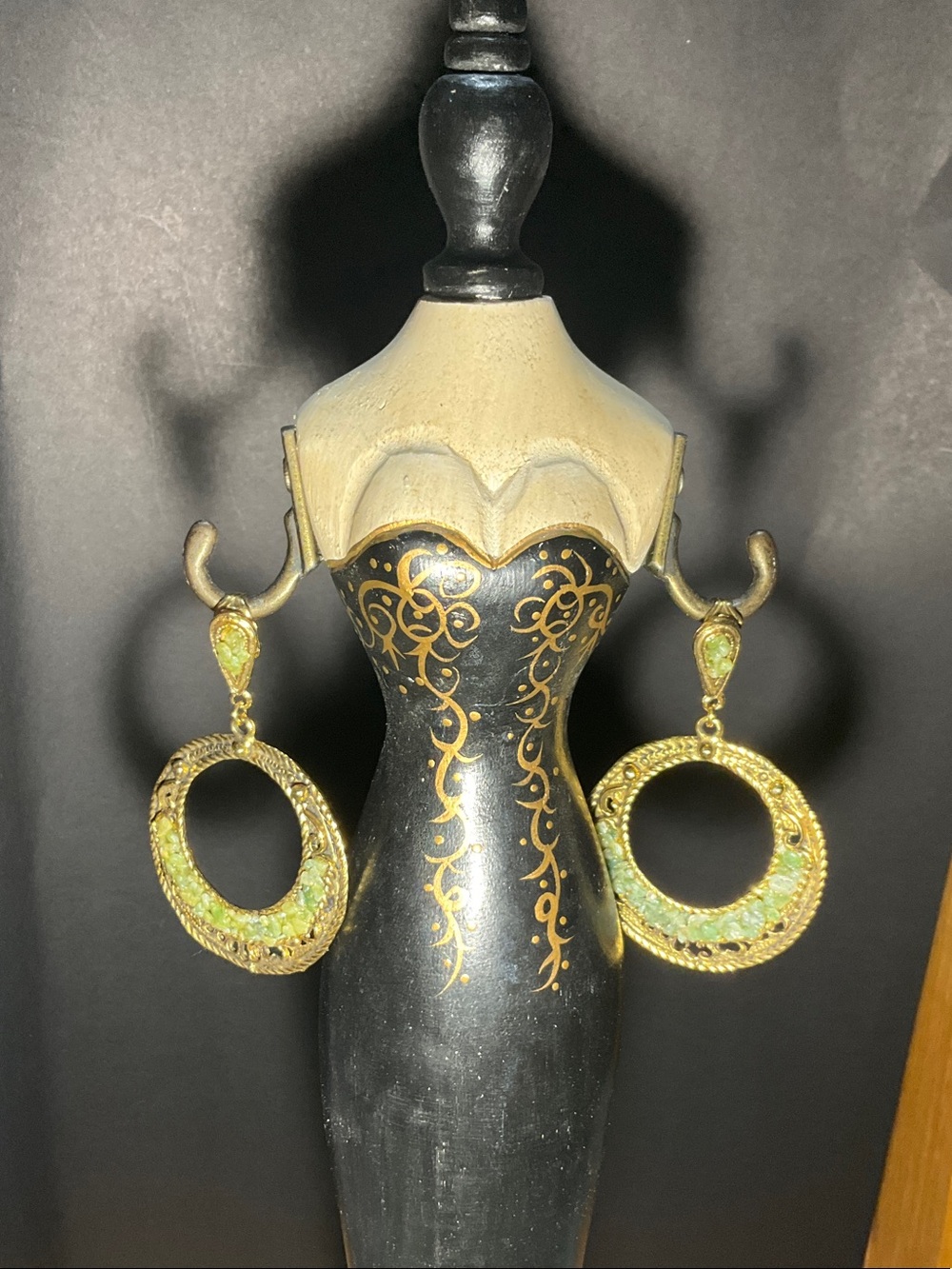 Gold Hoop Drop Earrings with Green Crystal Accents